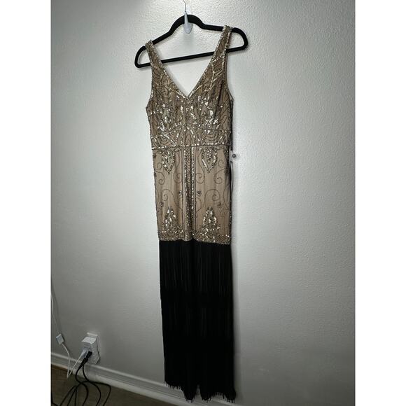 NWT Sue Wong Beaded Gold Mesh Top Black Fringe Bottom Evening Dress 8 - Picture 3 of 15